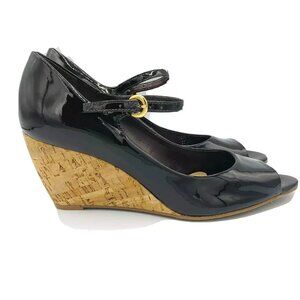 Franco Sarto Sandals Womens Size 8 M Cork Wedge Dark Brown Ankle Straps Buckle